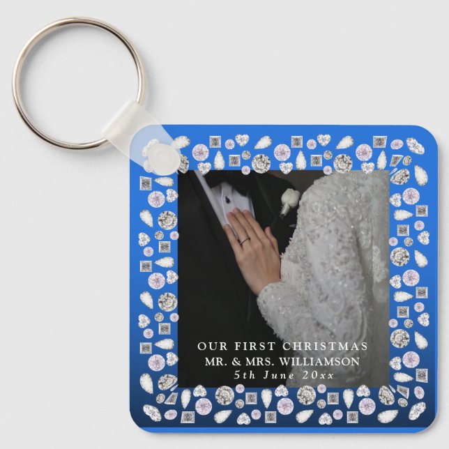 Mr & Mrs First Christmas Photo Wedding  Keychain (Front)