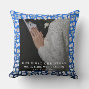 Mr & Mrs First Christmas Photo Wedding  Throw Pillow