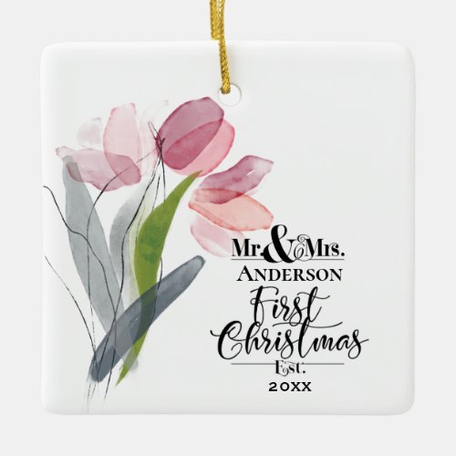 Mr  Mrs First Christmas Pink Tulips Ceramic Ornament