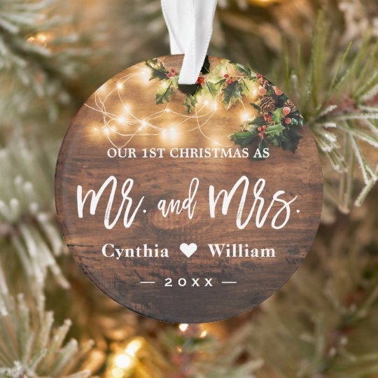 Mr Mrs First Christmas Rustic String Lights Photo Ornament | Zazzle.com