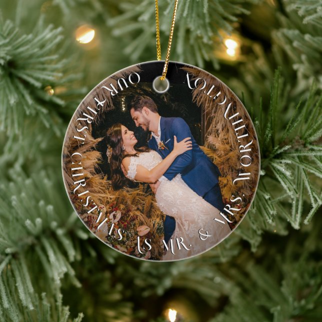 Mr & Mrs First Christmas Simple Text Circle Photo Ceramic Ornament (Tree)