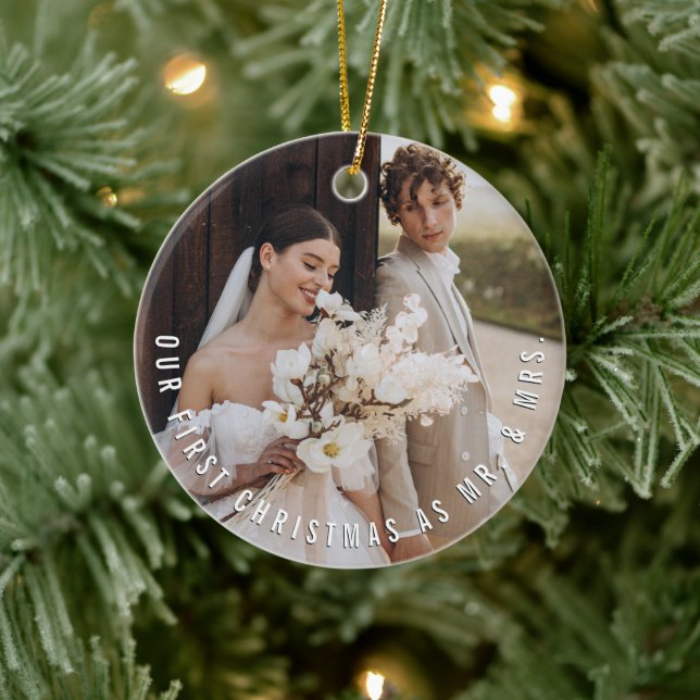 Mr & Mrs First Christmas Simple Text Circle Photo Ceramic Ornament (Tree)