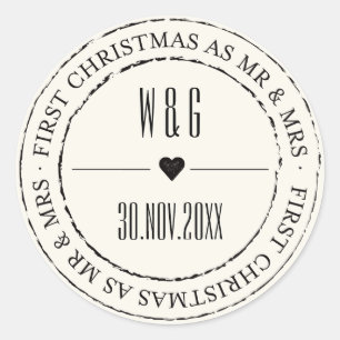 Mr & Mrs First Christmas Vintage Stamped Circle Classic Round Sticker