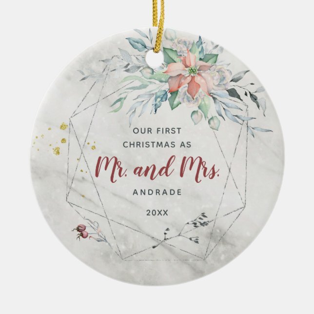 Mr Mrs First Married Christmas 1st Newlywed Photo Ceramic Ornament (Front)
