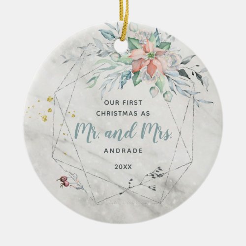 Mr Mrs First Married Christmas 1st Newlywed Photo  Ceramic Ornament