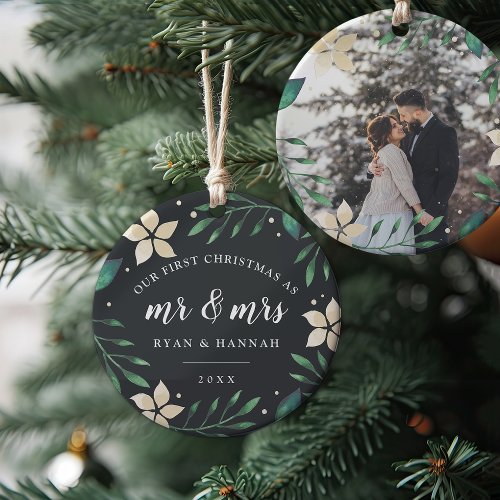 Mr  Mrs  First Married Christmas Photo Ceramic Ornament