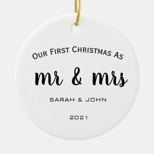 Mr  Mrs First Married Christmas Photo White Ceramic Ornament
