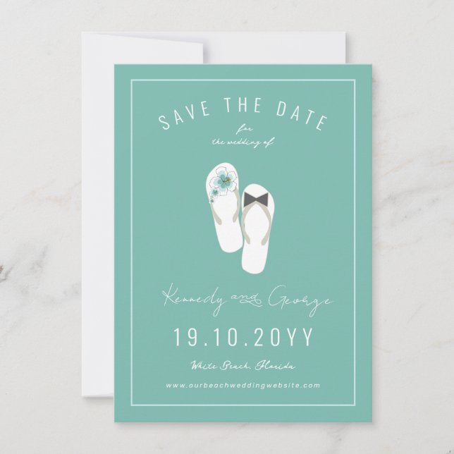 Mr & Mrs Flip Flops Hibiscus Beach Wedding Photo Save The Date (Front)