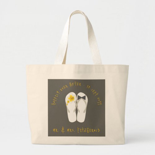 Mr  Mrs Flip Flops Yellow Hibiscus Beach Wedding Large Tote Bag