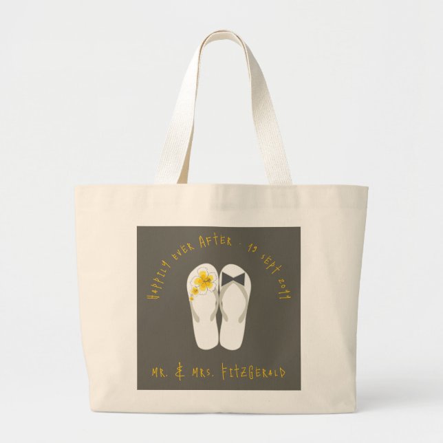 Mr & Mrs Flip Flops Yellow Hibiscus Beach Wedding Large Tote Bag (Front)