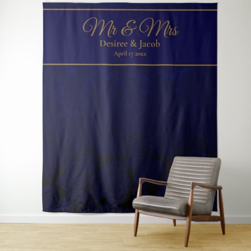 Mr  Mrs Floral Dark Navy Blue Gold Photo Booth Tapestry