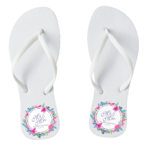 Mr  Mrs Floral Tropical Wedding Flip Flops