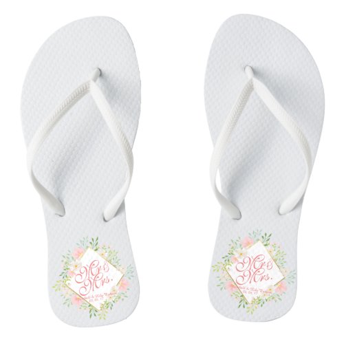 Mr  Mrs Floral Watercolor Wedding Flip Flops