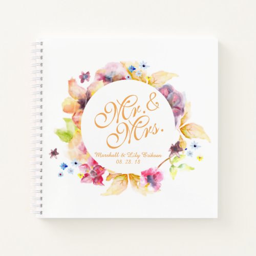 Mr  Mrs Floral Watercolor Wedding Guestbook Notebook