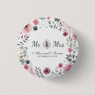 Mr. & Mrs. Floral Watercolor Wedding Pin Button