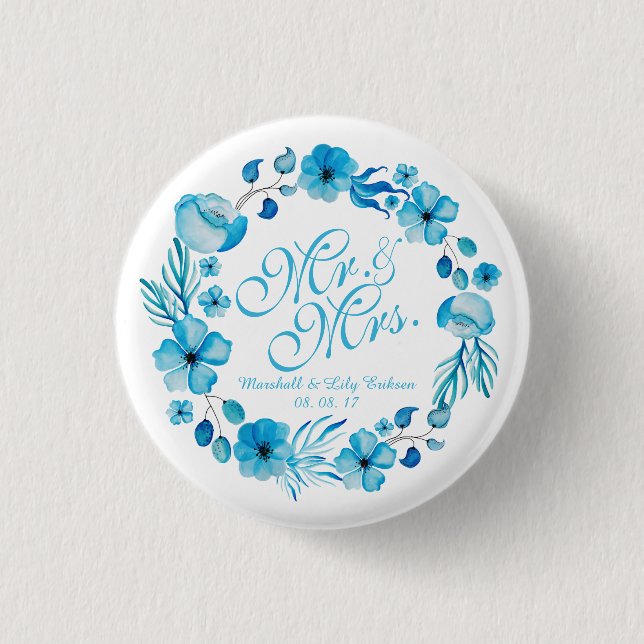 Mr. & Mrs. Floral Watercolor Wedding Pin Button (Front)