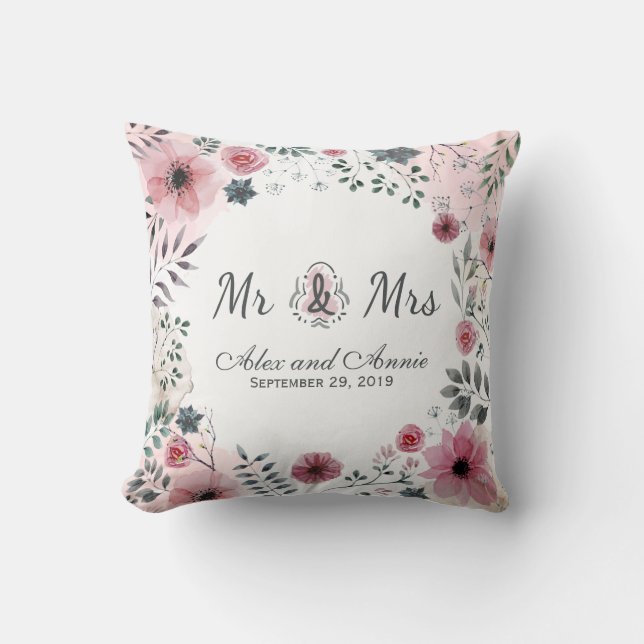 Mr. & Mrs. Floral Watercolor Wedding Throw Pillow (Front)