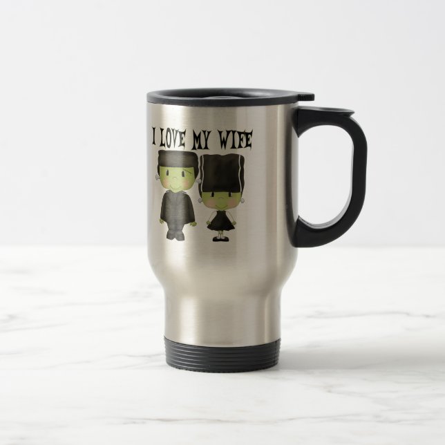 Mr. & Mrs. Franken Couple I love My Wife Halloween Travel Mug (Right)