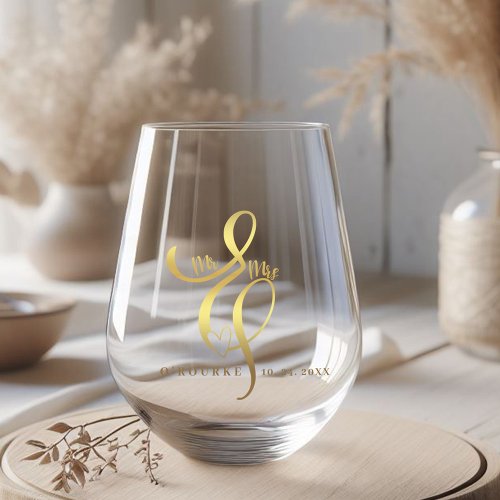 Mr  Mrs Gold Calligraphy Ampersand Wedding  Stemless Wine Glass