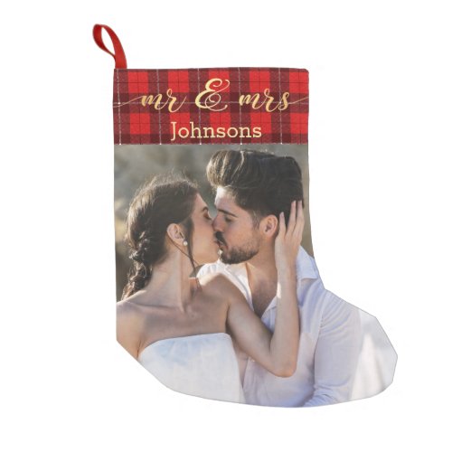 mr  mrs gold calligraphy wedding photo small christmas stocking