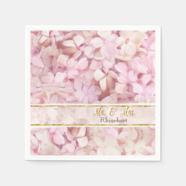 Mr. & Mrs. Gold Faux Glitter Pink Hydrangea Floral Napkins (Front)