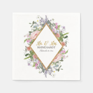 Mr. & Mrs. Gold Faux Glitter Wildflower Floral Art Paper Napkins