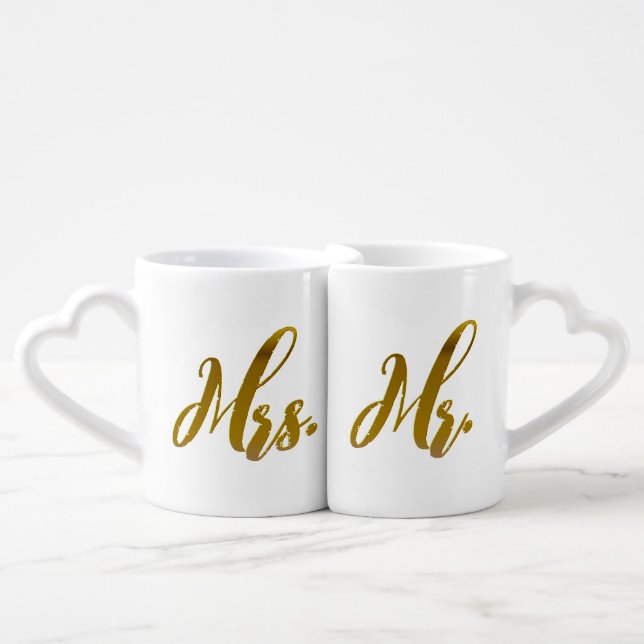 Mr. & Mrs. Gold Foil Modern Script Wedding Coffee Mug Set (Front Nesting)