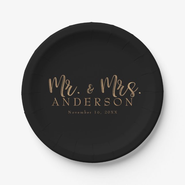 MR. & MRS. Gold Script Typography Modern Minimal Paper Plates (Front)