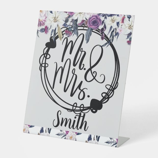 Mr & Mrs Gothic Floral Wedding Custom Sign (Front)