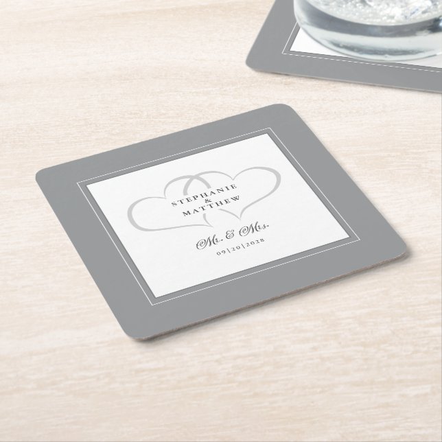 Mr & Mrs Gray & White Elegant Hearts Wedding Chic Square Paper Coaster (Angled)