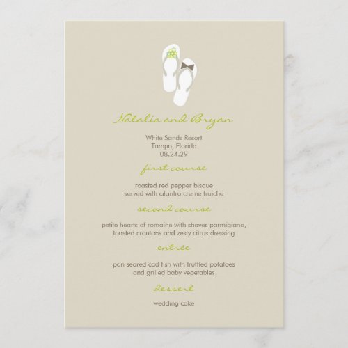 Mr  Mrs Green Flip Flops Beach Wedding Menu Card