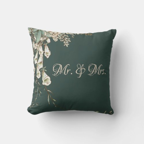 Mr  Mrs Green Floral Script Elegant Wedding Throw Pillow