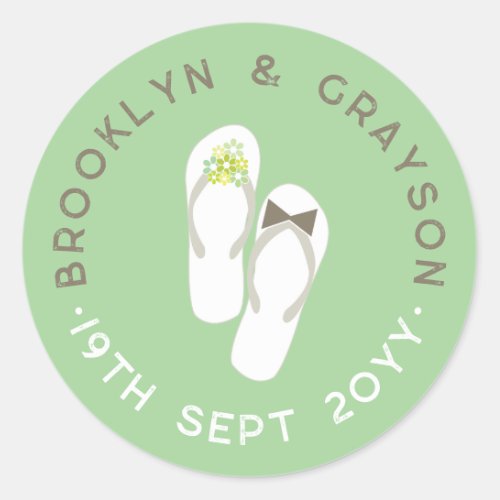 Mr  Mrs Green Flowers Flip Flops Beach Wedding Classic Round Sticker