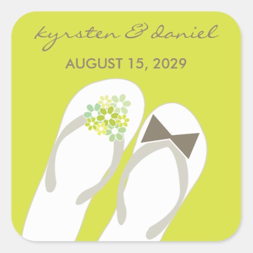 Mr  Mrs Green Flowers Flip Flops Beach Wedding Square Sticker