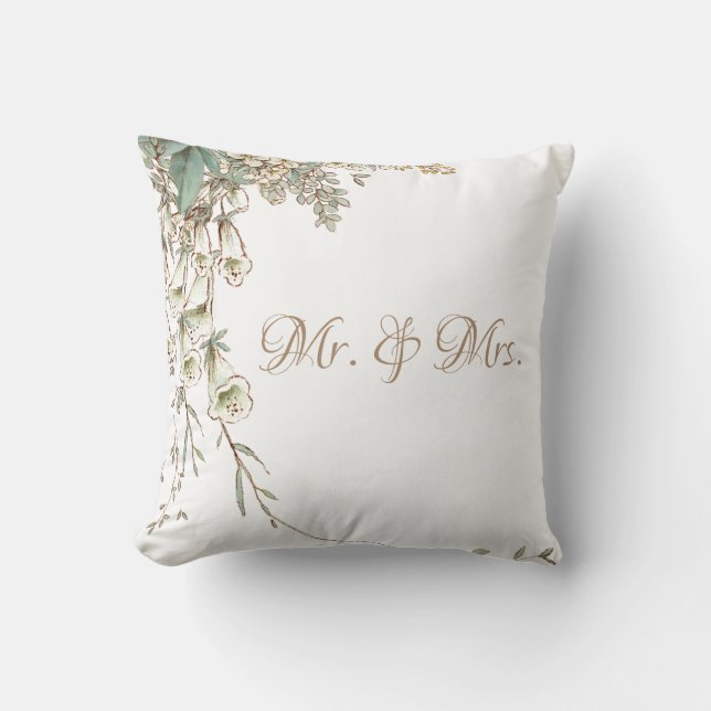 Mr. & Mrs. Greenery Floral Script Elegant Wedding Throw Pillow (Front)