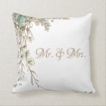 Mr. & Mrs. Greenery Floral Script Elegant Wedding Throw Pillow<br><div class="desc">Such a beautiful simple elegant wedding Mr. & Mrs. Wedding keepsake pillow. I believe less is more and it is demonstrated in this pillow. The 2 colors of green and white makes this such an elegant classic look.  Clean and stylish. Lovely in such a simple look.</div>