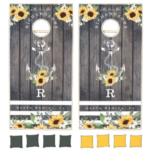 Mr & Mrs Grey Wood Plank Ship Anchor & Sunflowers Cornhole Set