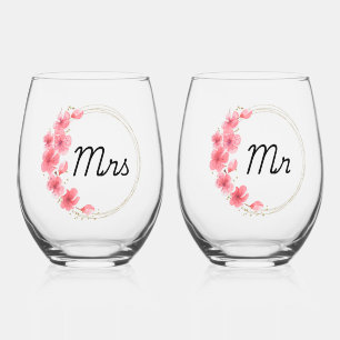Mr & Mrs Hand Painted Print Stemless Wine Glass