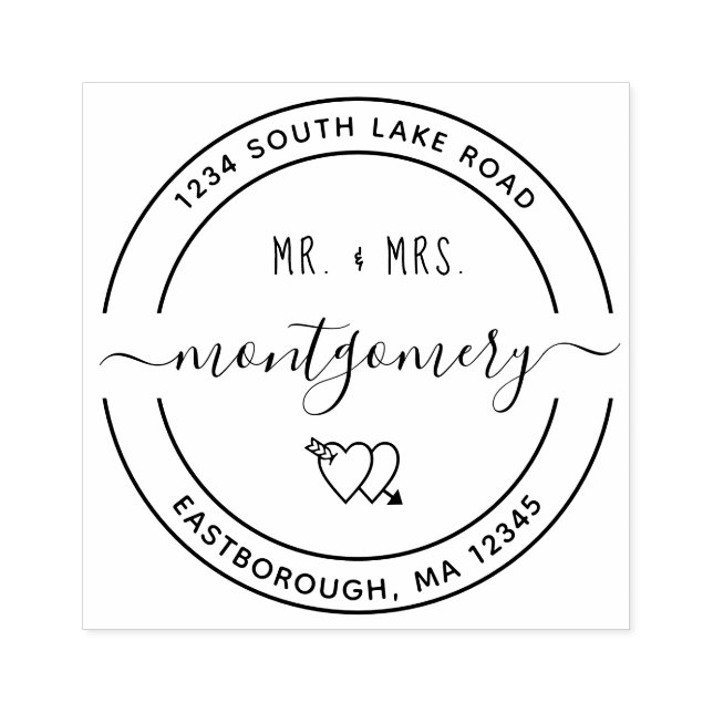 Mr & Mrs Heart 10 Custom Round Return Address Rubber Stamp (Imprint)