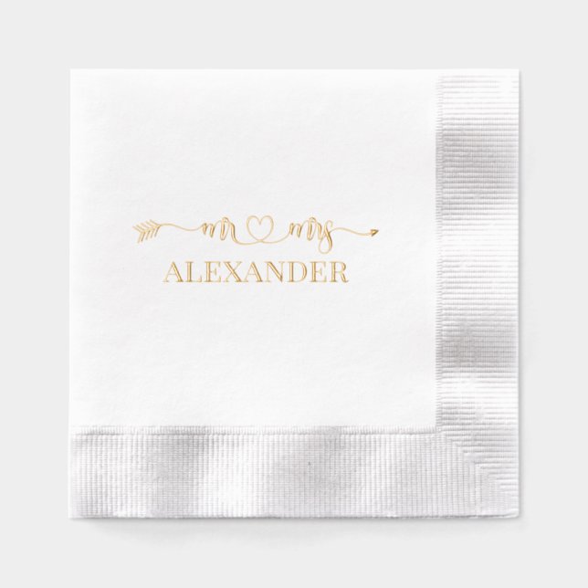 Mr & Mrs Heart and Arrow Wedding Couple Name Foil Napkins (Front)
