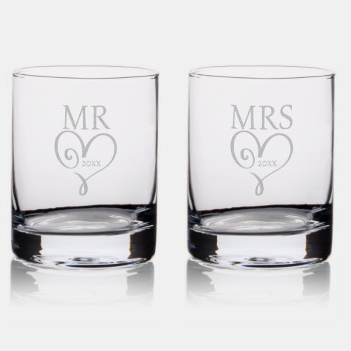 Mr Mrs heart date married anniversary keepsake Rocks Glass