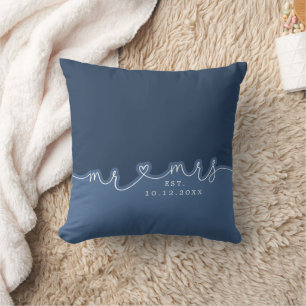 Mr Mrs Heart Script Dusty Blue Wedding Pillow