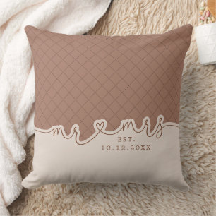Mr Mrs Heart Script Mocha Beige Wedding Pillow