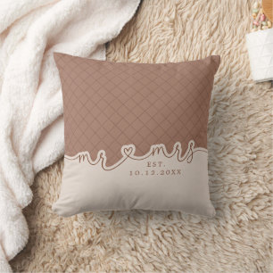 Mr Mrs Heart Script Mocha Beige Wedding Pillow