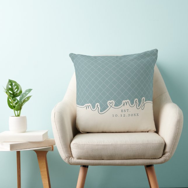Mr Mrs Heart Script Seafoam Green Wedding Pillow (Chair)