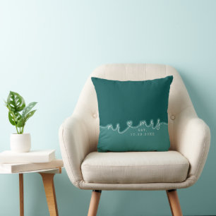 Mr Mrs Heart Script Teal Green Wedding Pillow