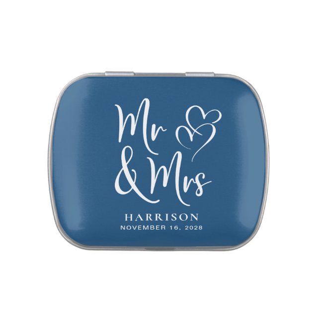 Mr Mrs Hearts Blue Wedding Favor Candy Tin (Top)