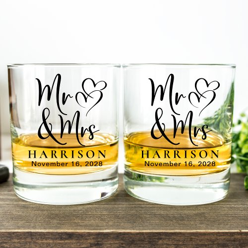 Mr Mrs Hearts Bride Groom Wedding  Whiskey Glass