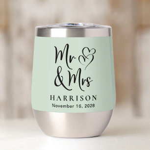 Mr Mrs Hearts Sage Green Wedding Thermal Wine Tumbler