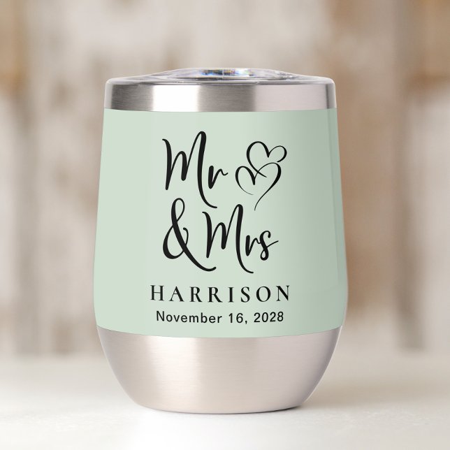 Mr Mrs Hearts Sage Green Wedding  Thermal Wine Tumbler (Creator Uploaded)